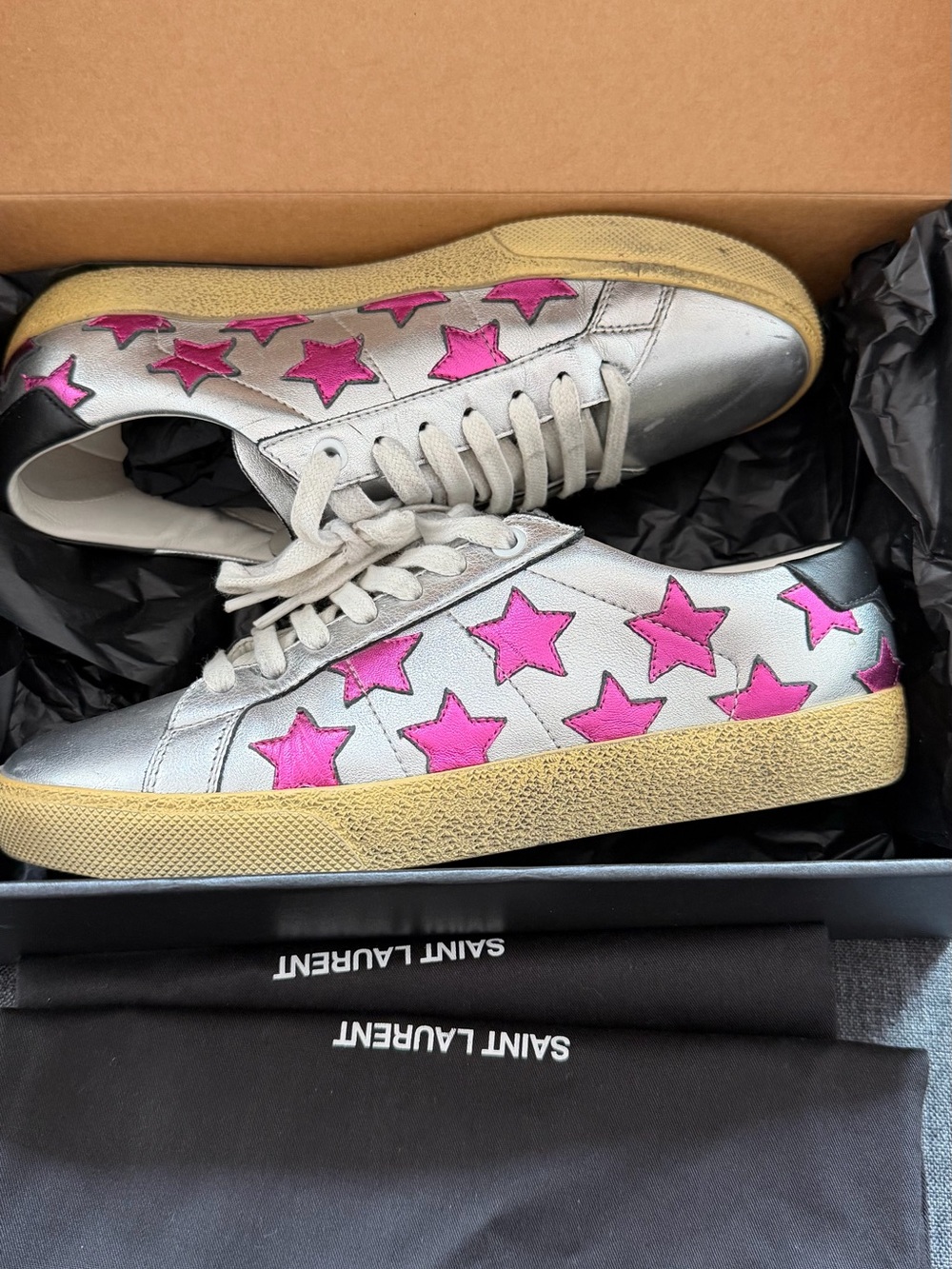 Saint Laurent Silver Leather Sneakers with Hot Pink Star Details